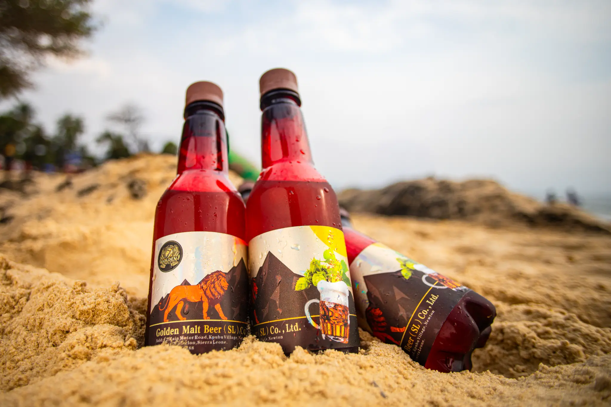Golden Malt bottles on the beach